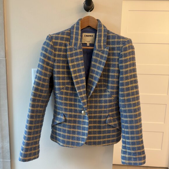 L'Agence Jennah Cropped Blazer Blue and Gold Plaid Size 4 - Picture 1 of 3